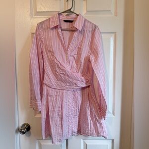 Zara Pink Striped Button-Front Shirt Dress